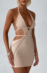 Vestido Curto Crochê Bege Premium Vivella Arabella - OÁSIS