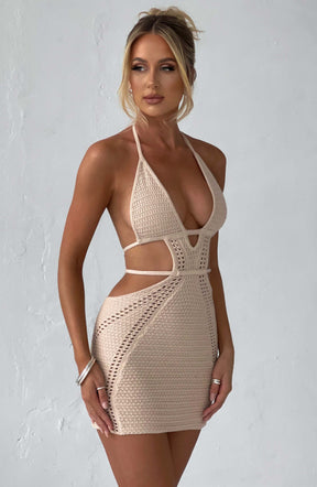 Vestido Curto Crochê Bege Premium Vivella Arabella - OÁSIS