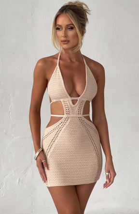 Vestido Curto Crochê Bege Premium Vivella Arabella - OÁSIS